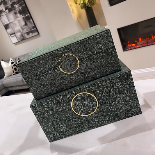 Green and Black Faux Litchi Leather Boxes Set of 2