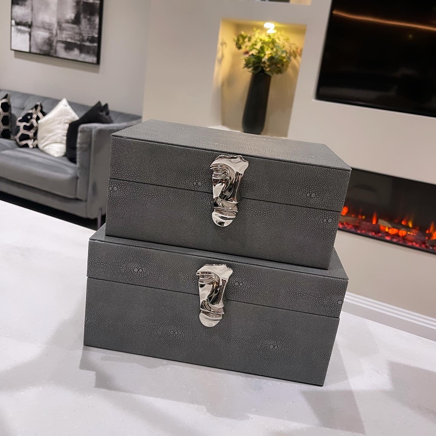 Grey Faux Litchi Leather Boxes