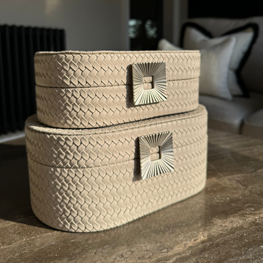 Oval Grey Faux Leather Storage Boxes Set Of 2