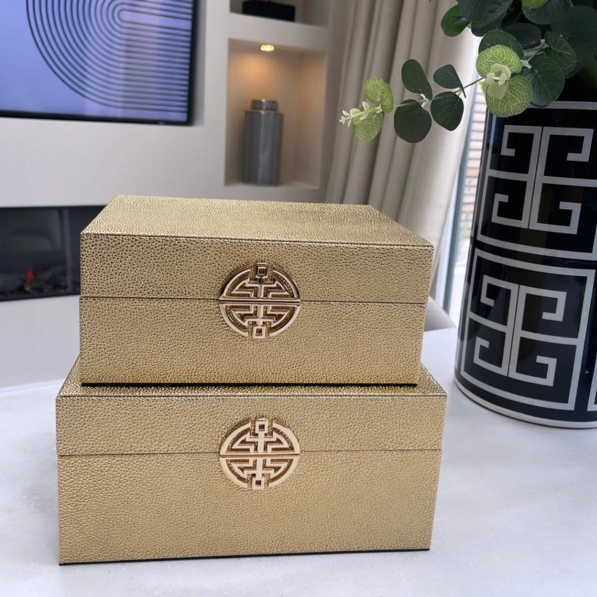 Gold Faux Leather Boxes Set Of 2