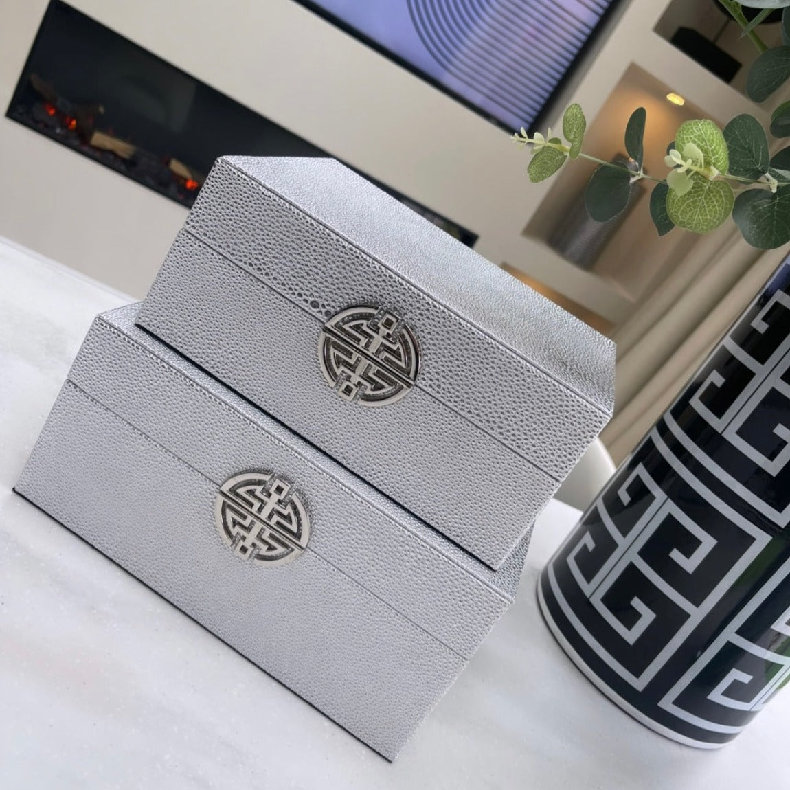 Silver Faux Leather Boxes Set of 2
