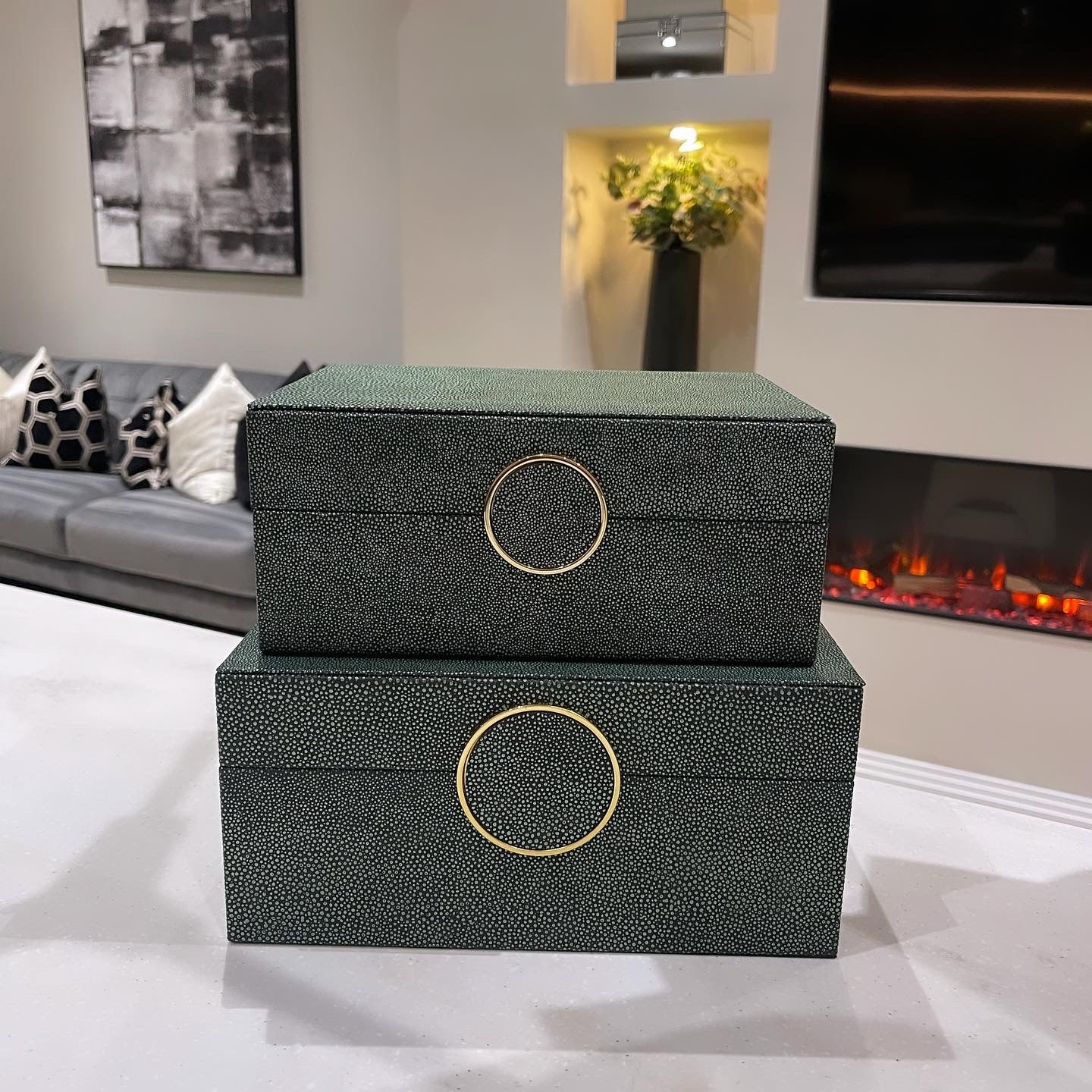 Green and Black Faux Litchi Leather Boxes Set of 2