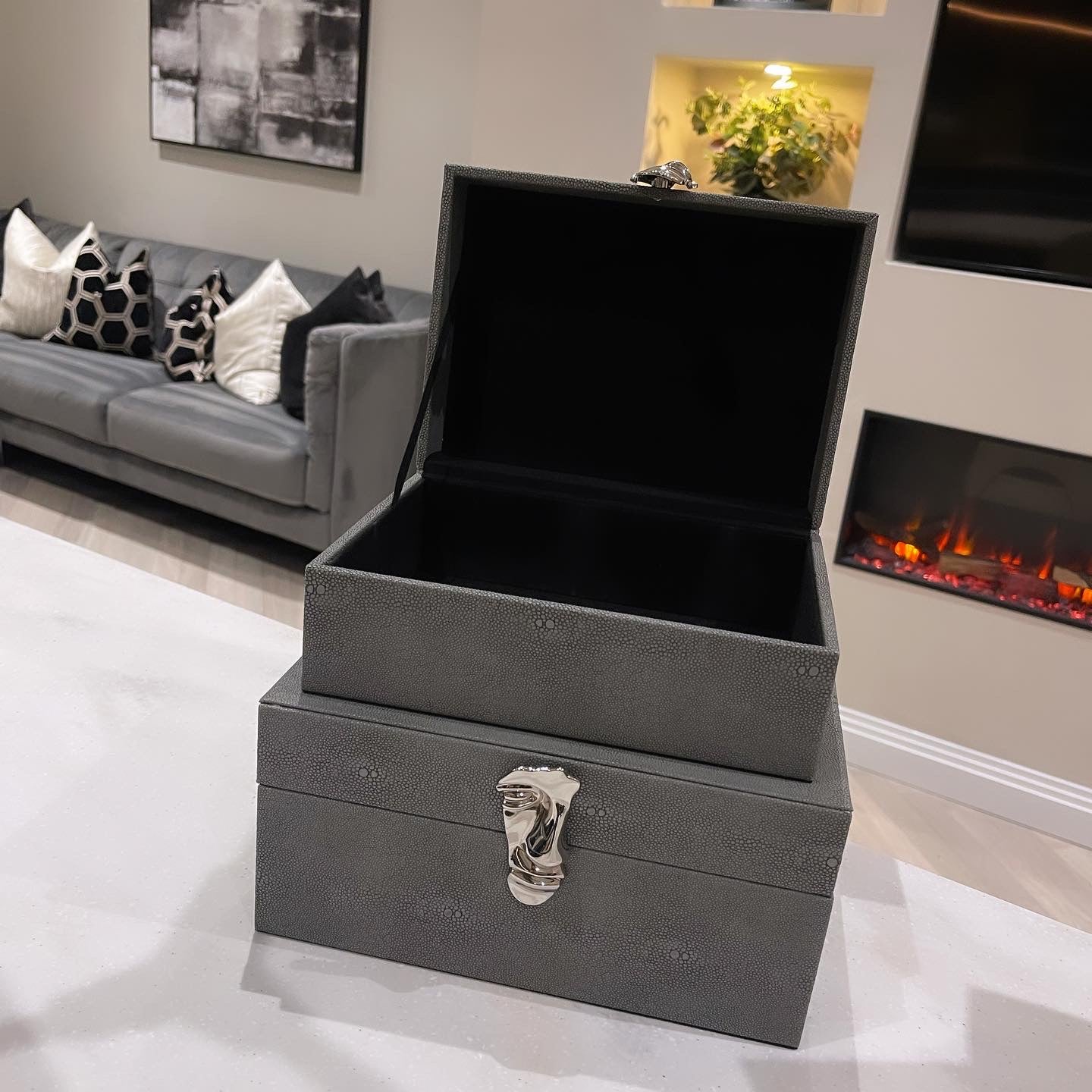 Grey Faux Litchi Leather Boxes