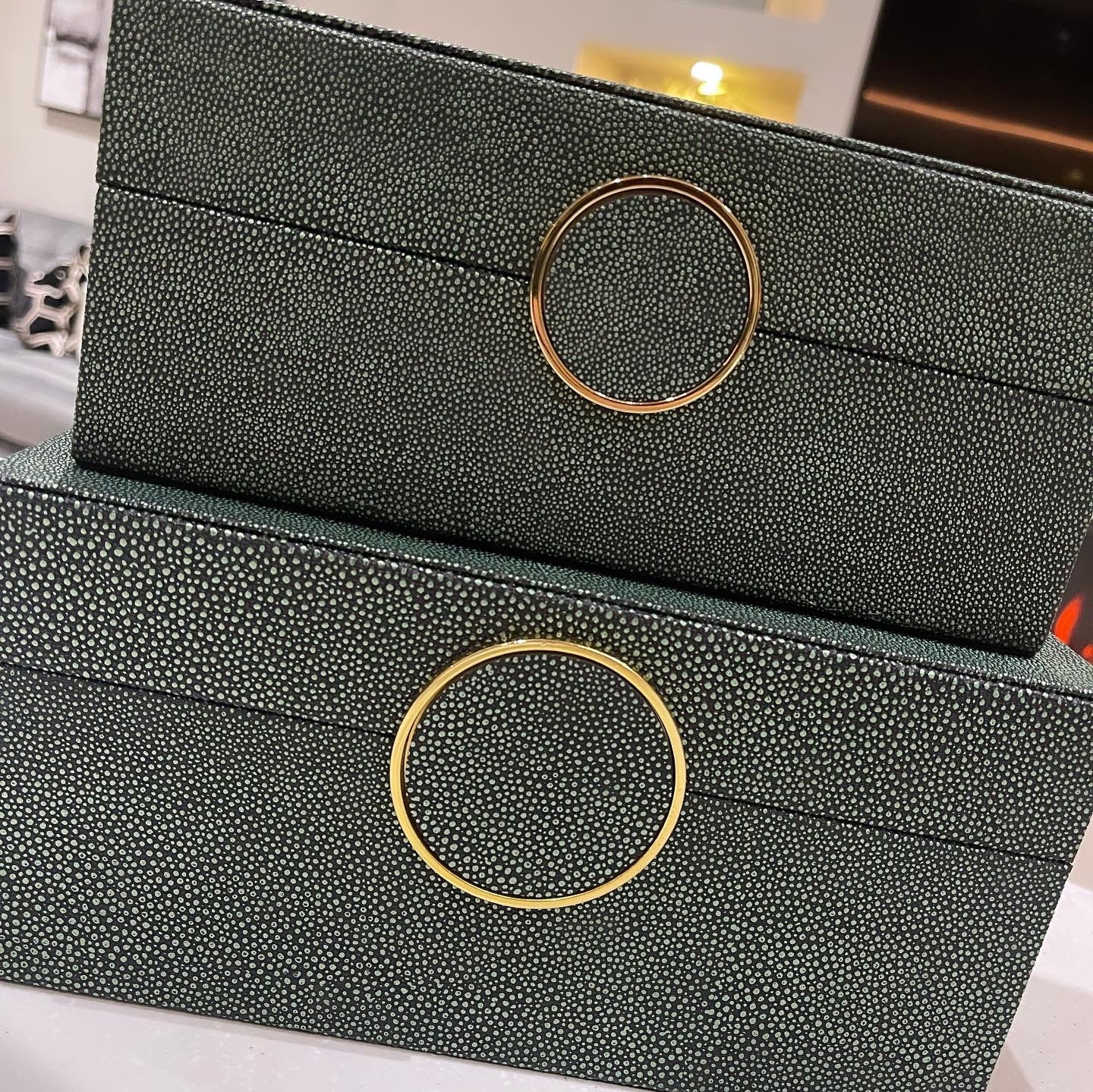 Green and Black Faux Litchi Leather Boxes Set of 2