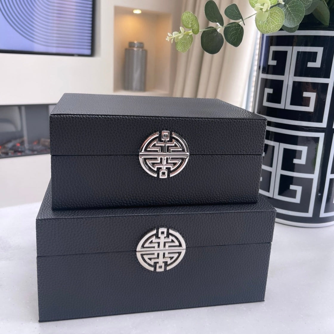 Black Faux Leather Boxes Set of 2