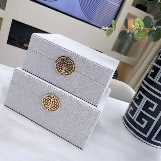 White Faux Leather Gold Buckle Storage Boxes Set Of 2