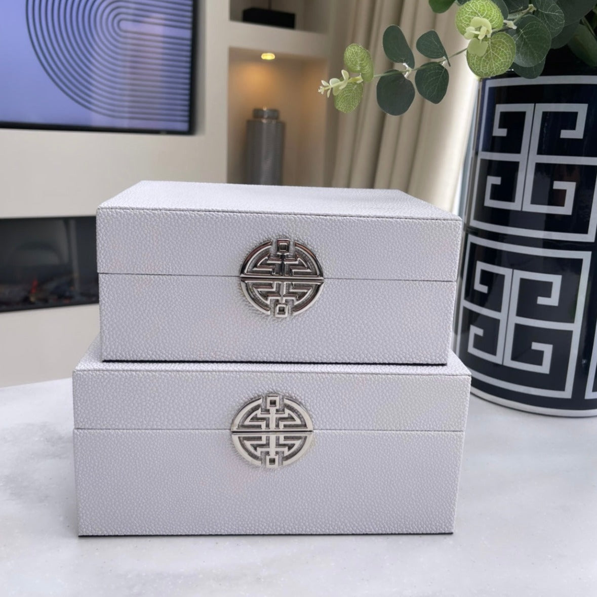 White Faux Leather Storage Boxes Set Of 2