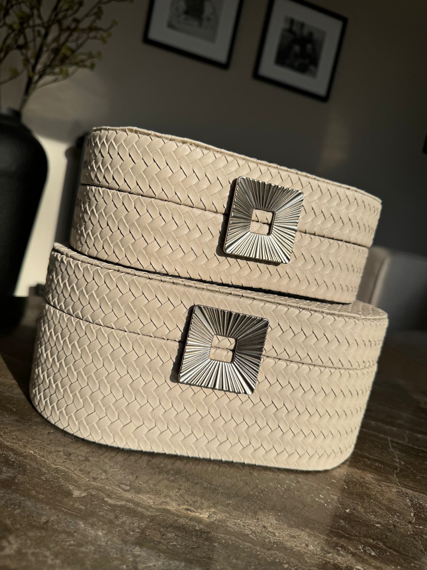 Oval Grey Faux Leather Storage Boxes Set Of 2