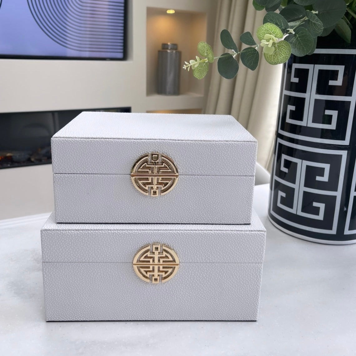 White Faux Leather Gold Buckle Storage Boxes Set Of 2