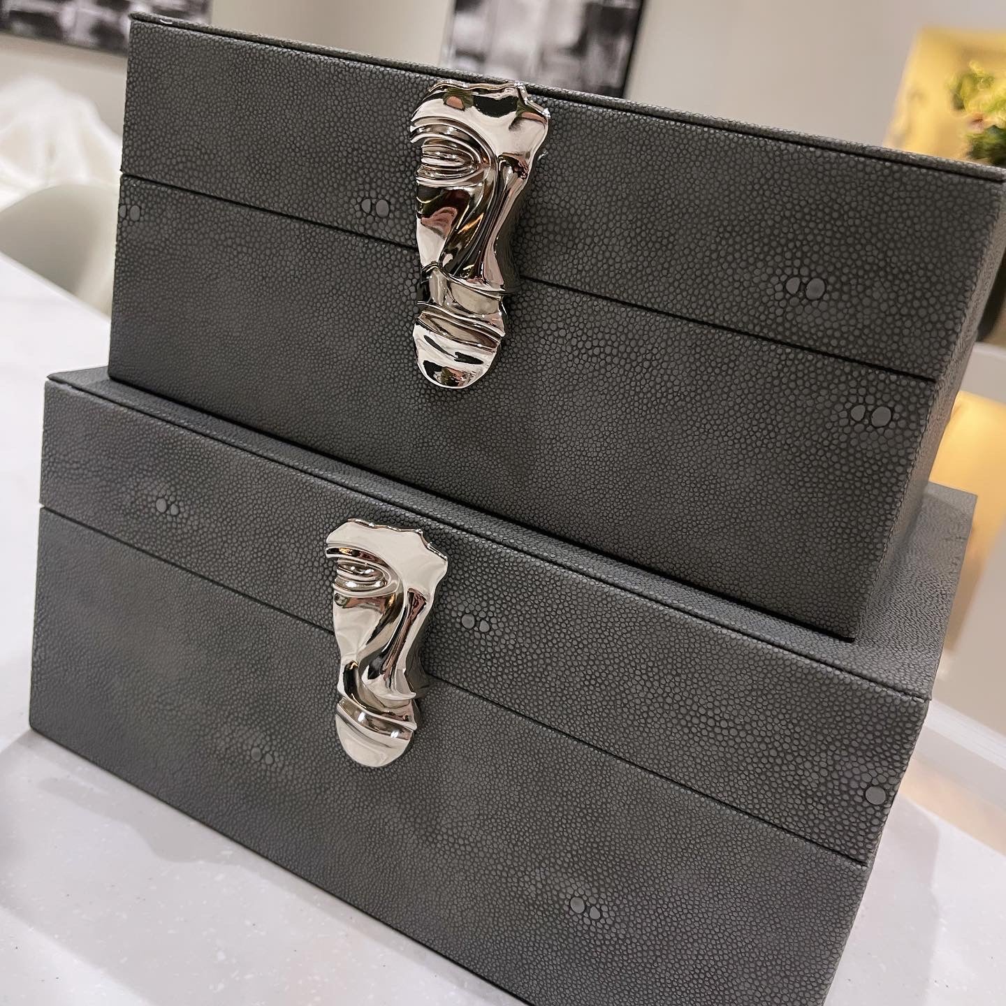 Grey Faux Litchi Leather Boxes