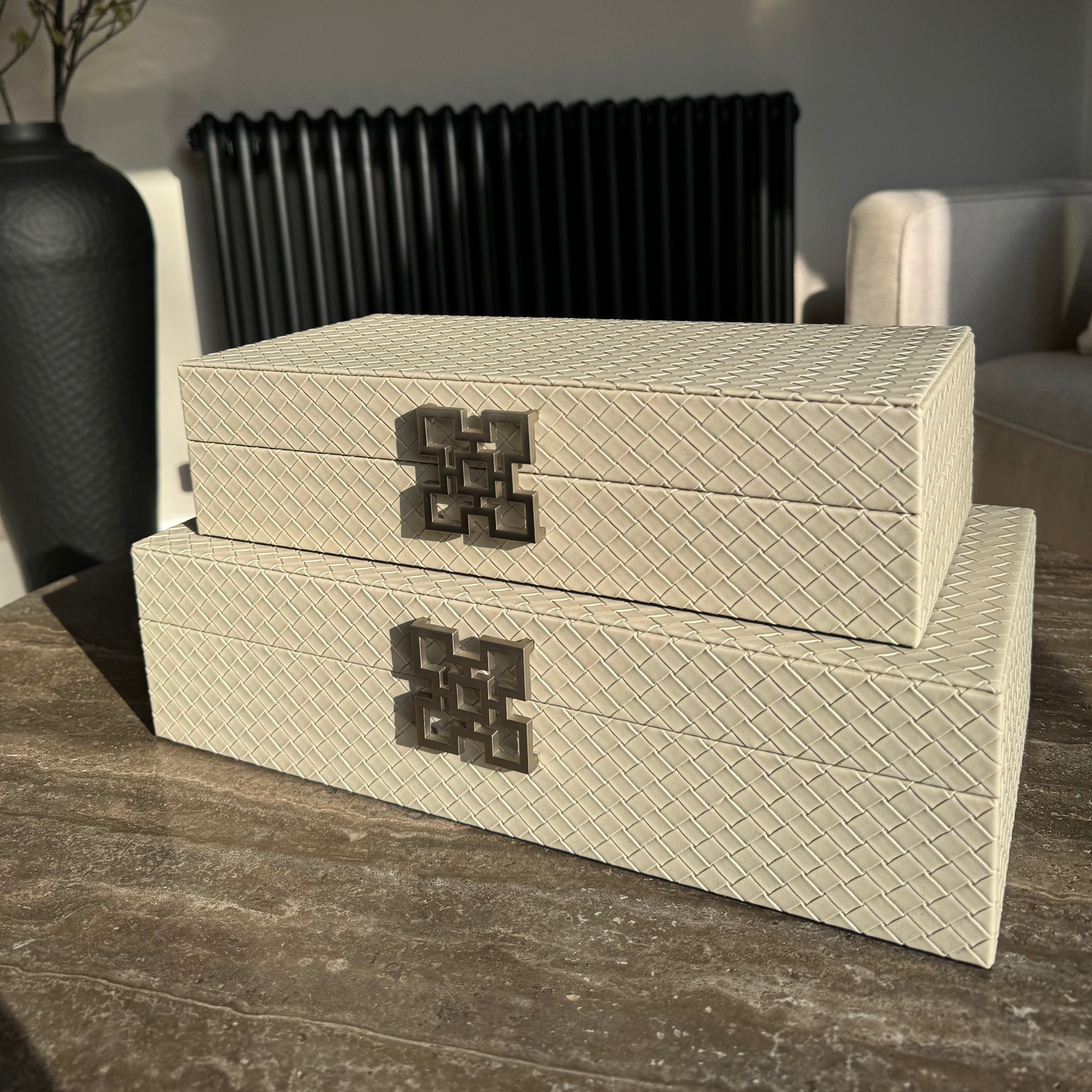 Large Grey Faux Leather Storage Boxes Set Of 2