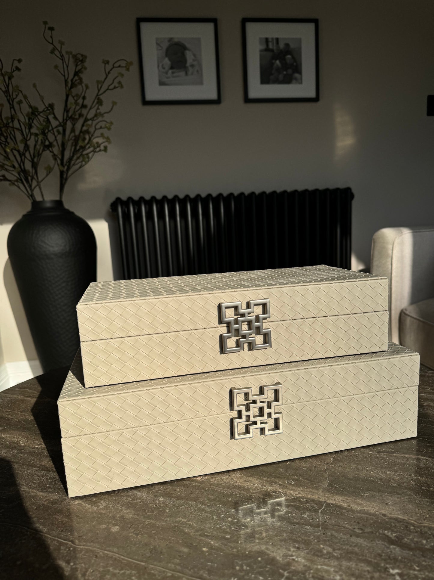 Large Grey Faux Leather Storage Boxes Set Of 2