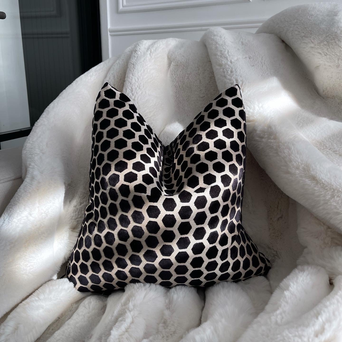 Black Hex Velvet Cushion 16"