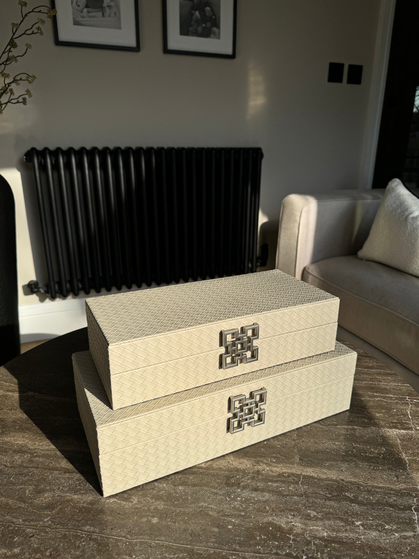 Large Grey Faux Leather Storage Boxes Set Of 2