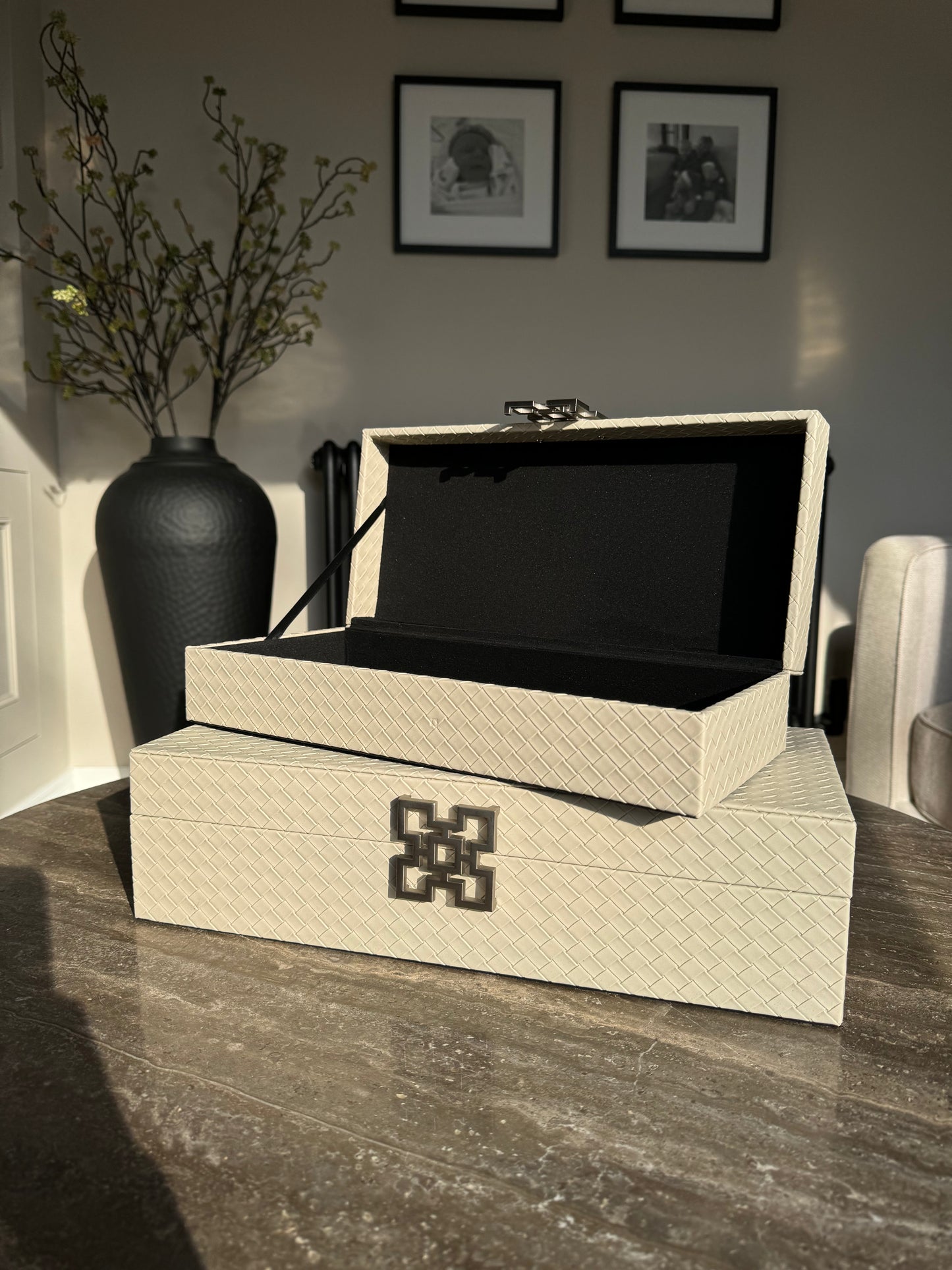 Large Grey Faux Leather Storage Boxes Set Of 2