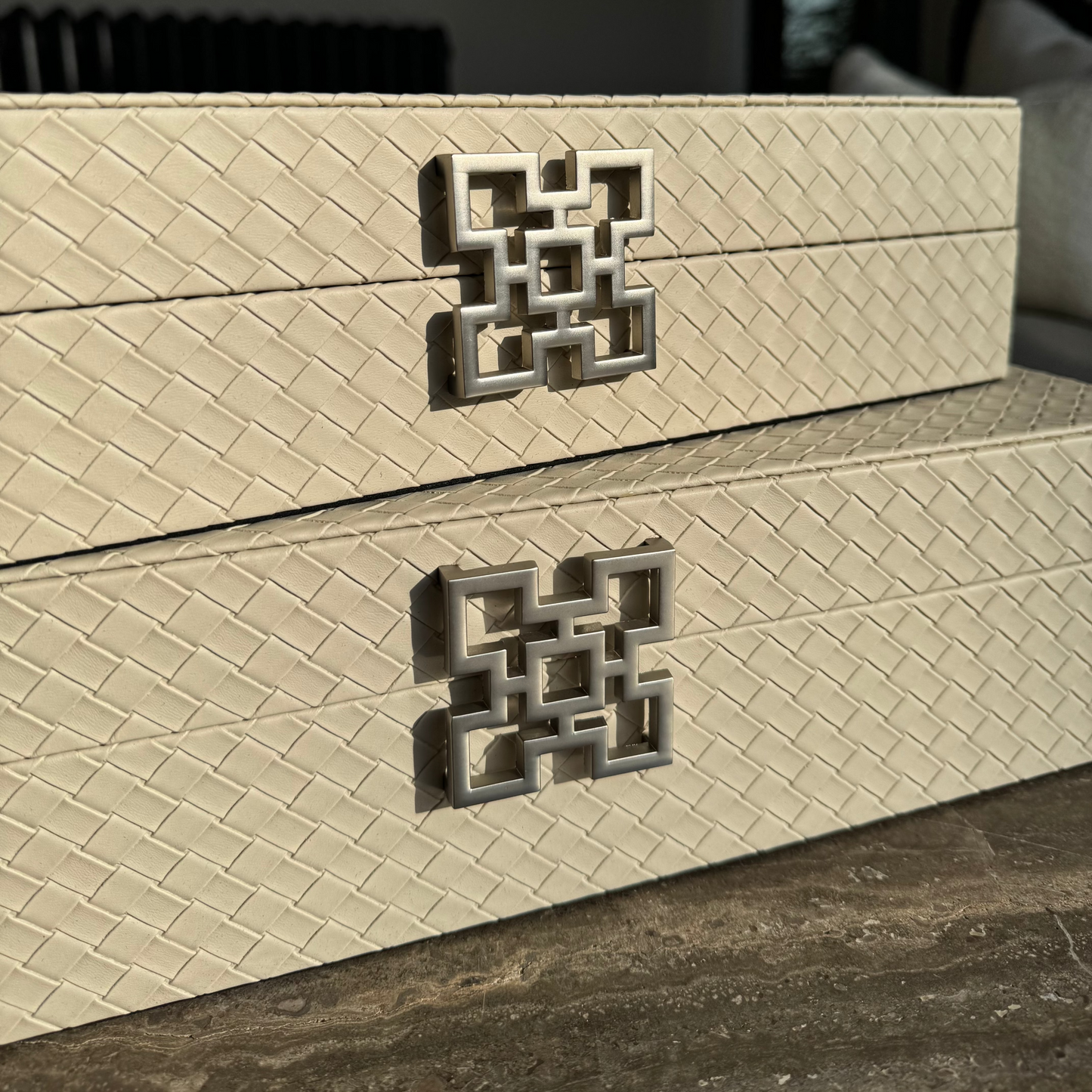 Large Grey Faux Leather Storage Boxes Set Of 2