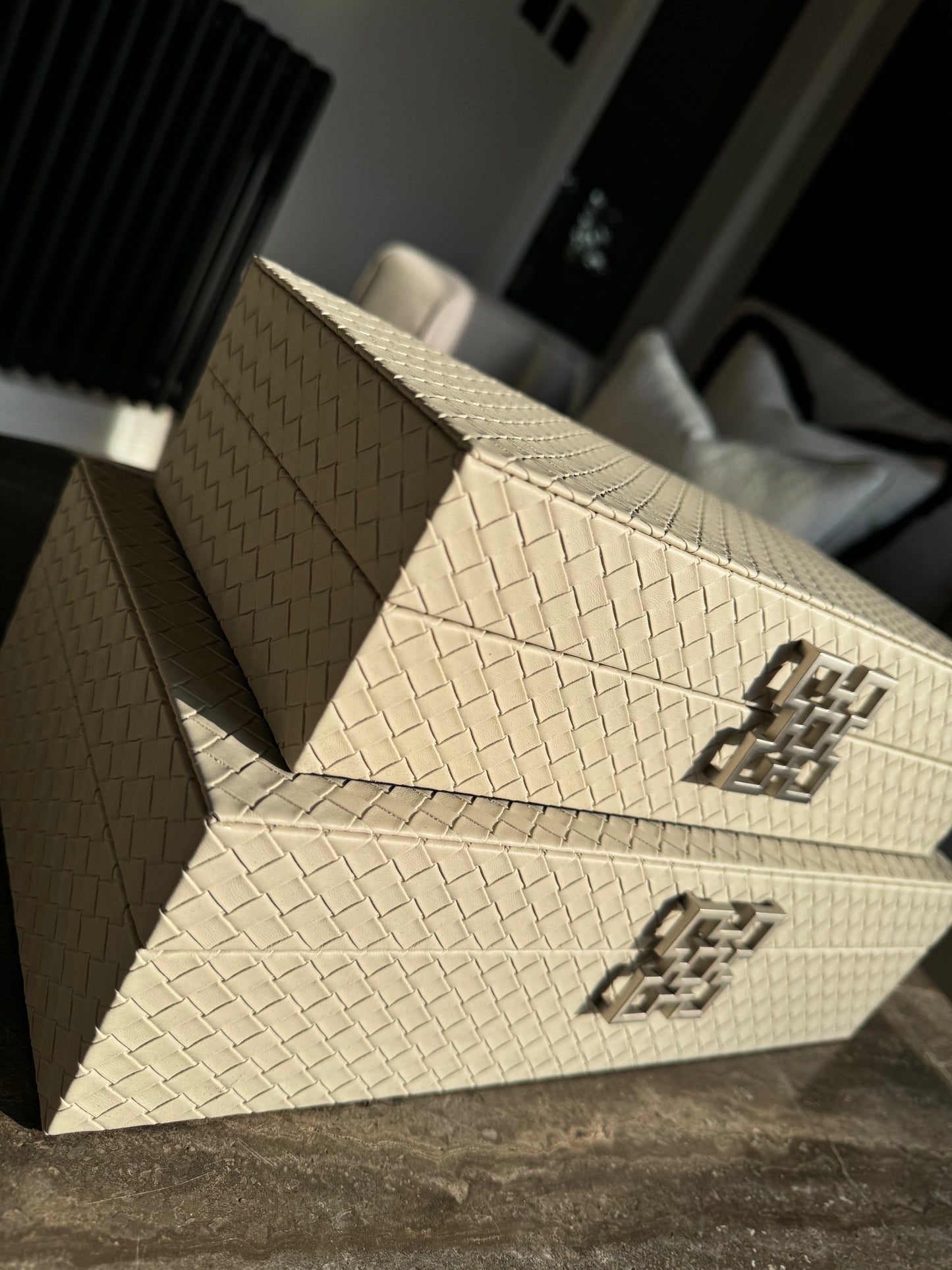 Large Grey Faux Leather Storage Boxes Set Of 2
