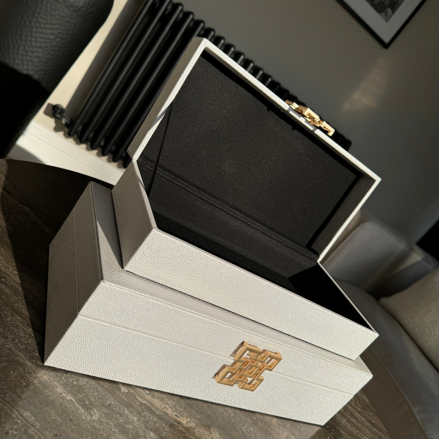 Large White Faux Leather Storage Boxes Set Of 2