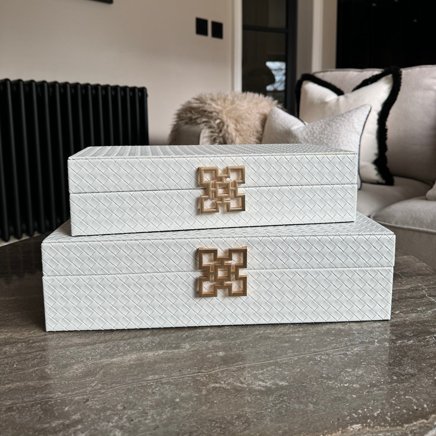 Large White Faux Leather Storage Boxes