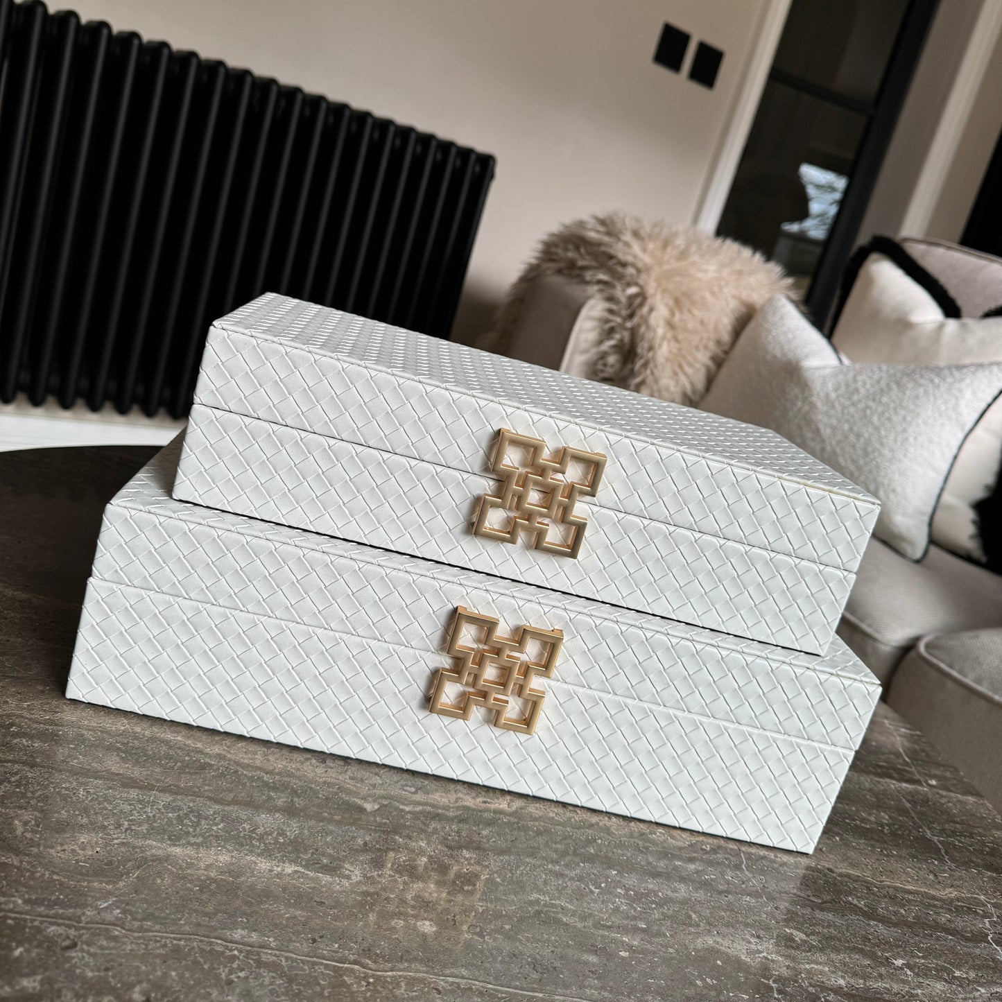 Large White Faux Leather Storage Boxes