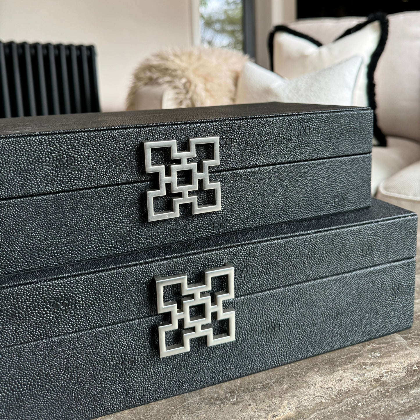 Large Black Faux Leather Storage Boxes Set Of 2