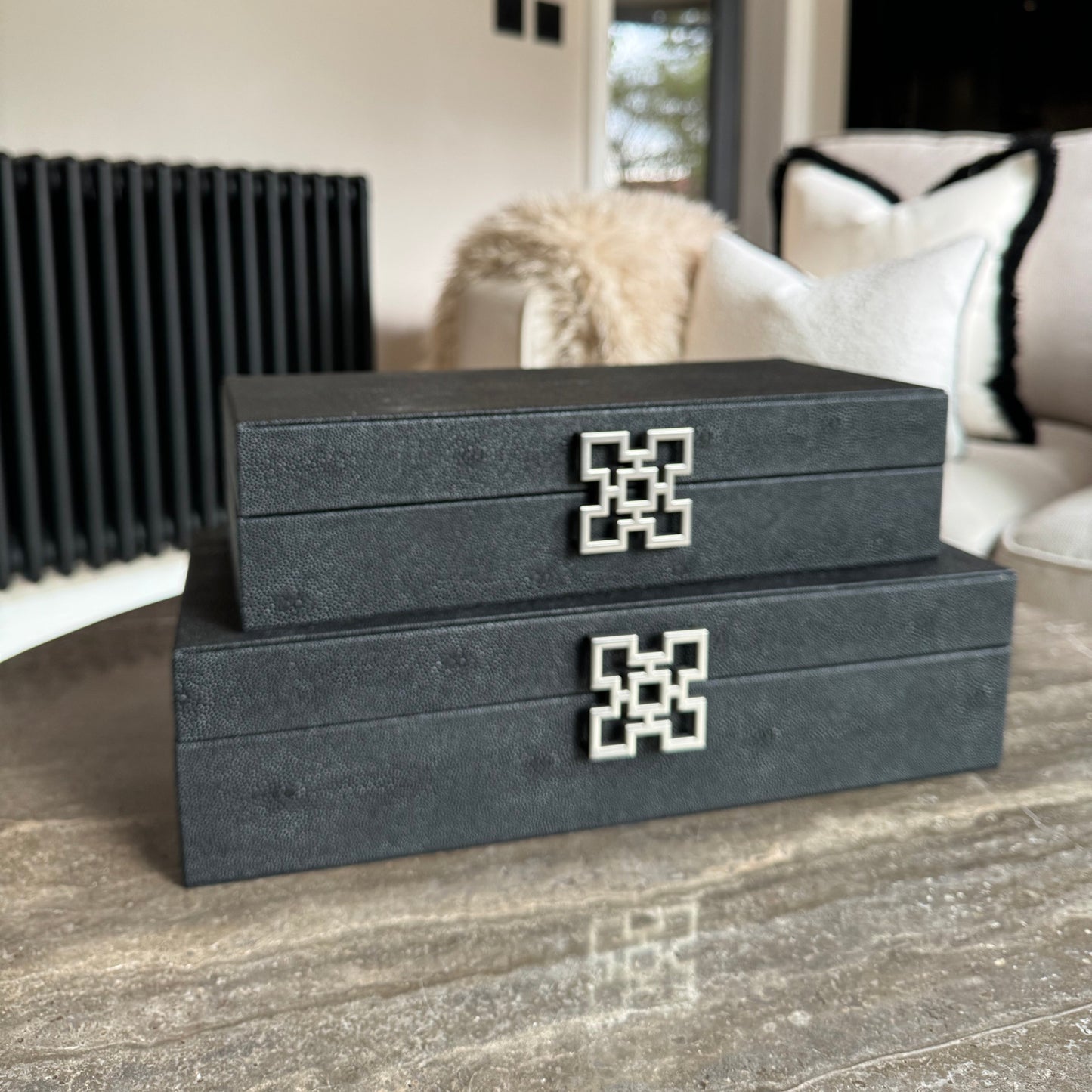 Large Black Faux Leather Storage Boxes Set Of 2