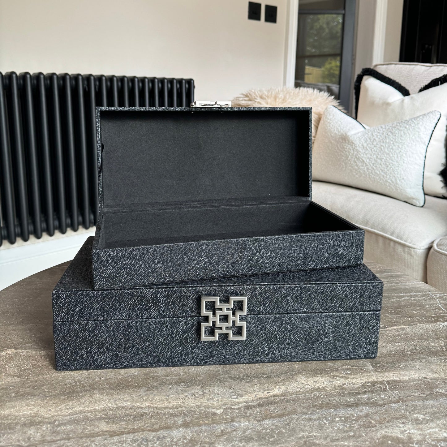 Large Black Faux Leather Storage Boxes Set Of 2