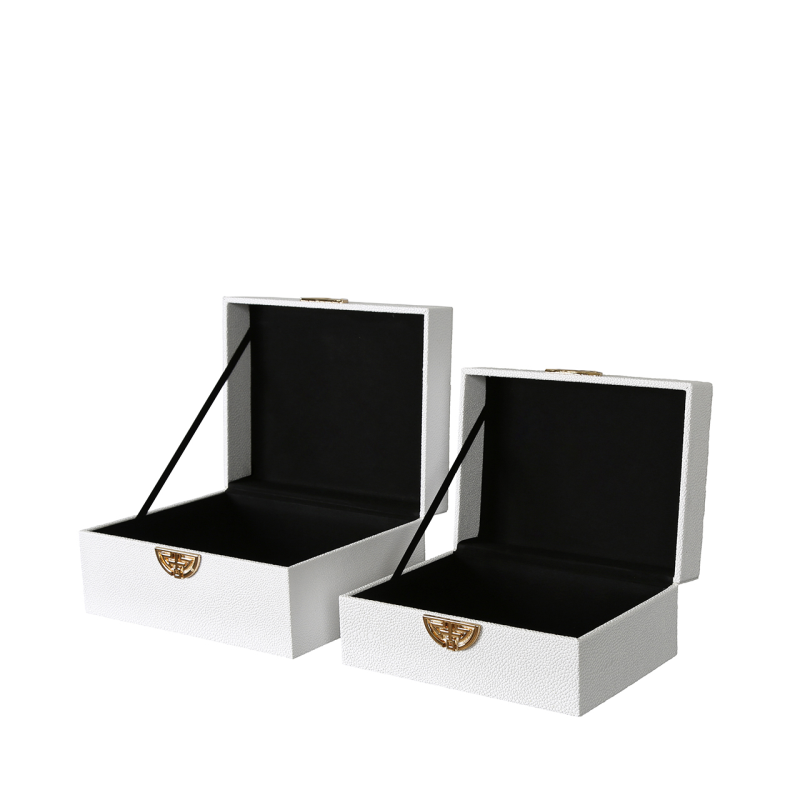 White Faux Leather Gold Buckle Storage Boxes Set Of 2