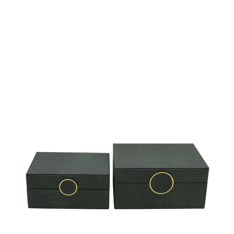 Green and Black Faux Litchi Leather Boxes Set of 2