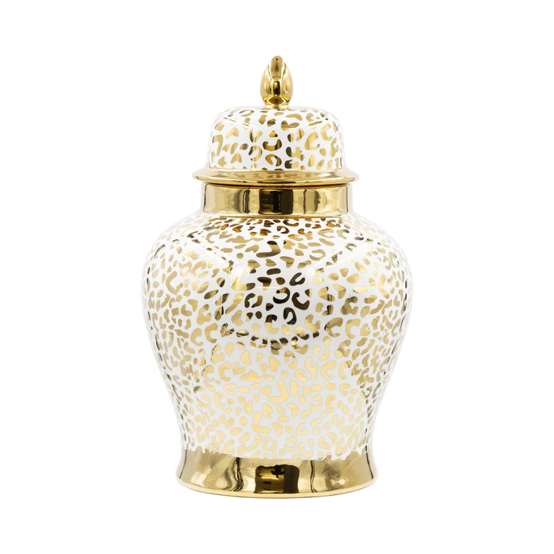 Alessa 40cm White and Gold Leopard Print Jar