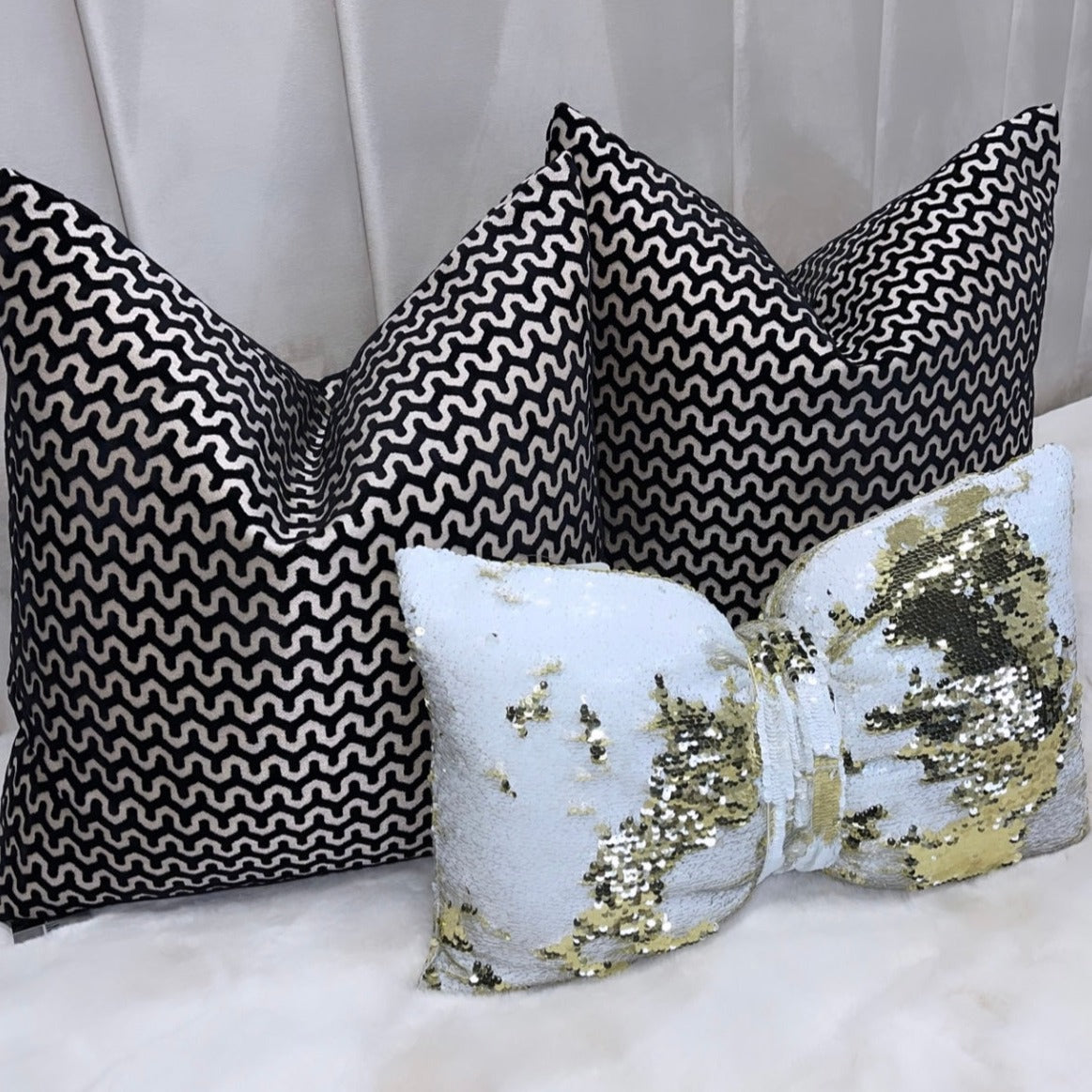 Black Wave Cut Velvet Cushion 22"