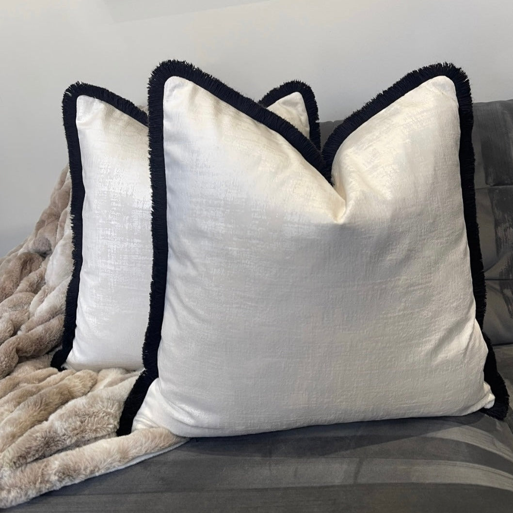 Jamila Ivory Velvet 18' Cushion With Black Fringe