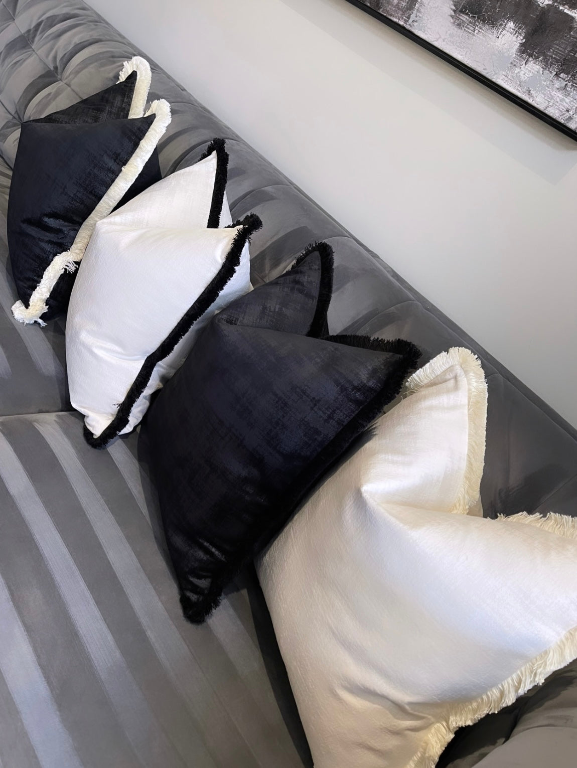 Jamila Ivory Velvet 18' Cushion With Black Fringe