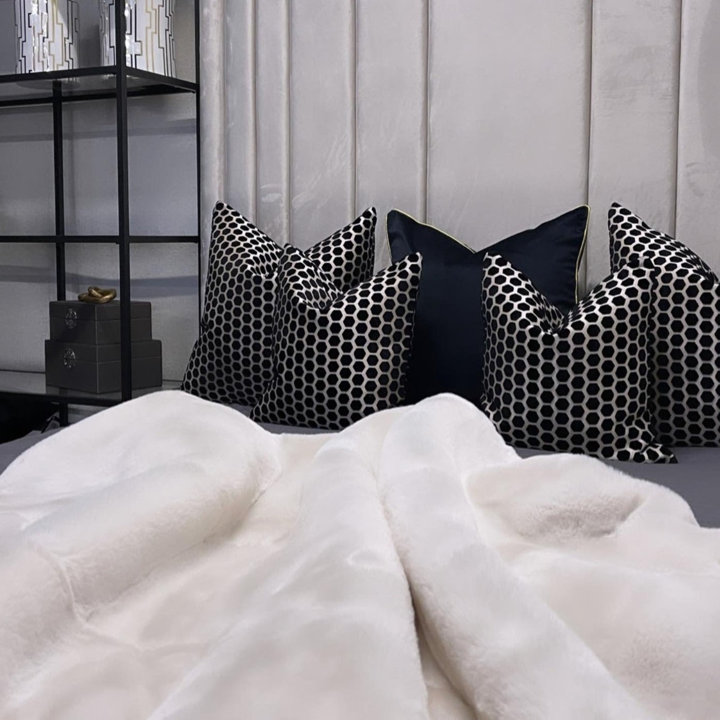 Black Hex Velvet Cushion 16"