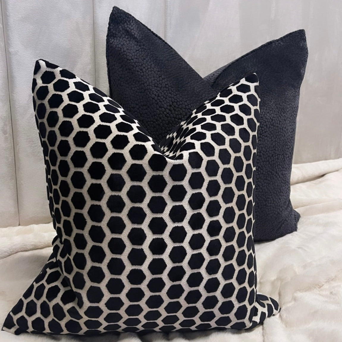 Black Bingham Velvet Dot Cushion 16"