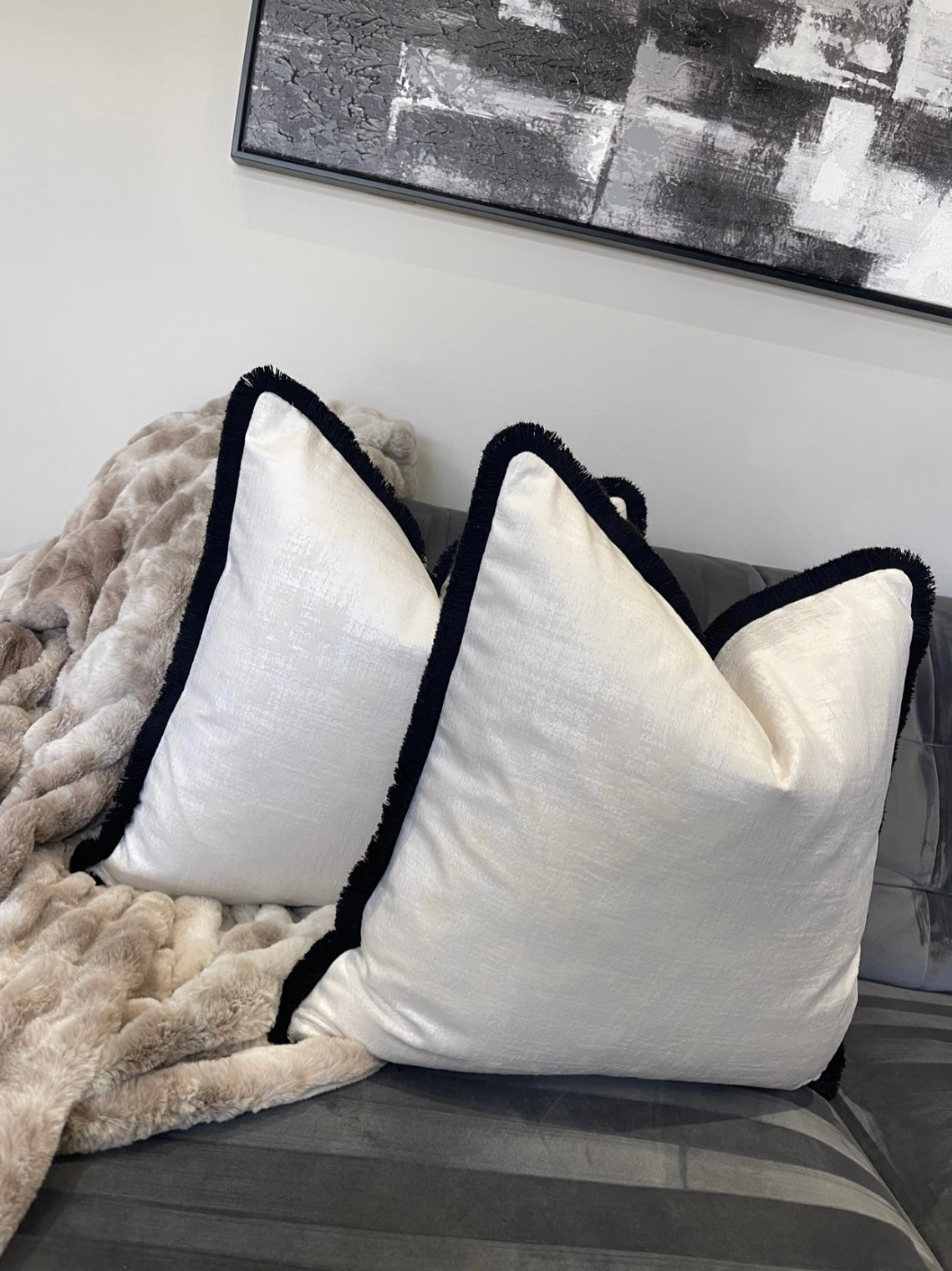 Jamila Ivory Velvet 18' Cushion With Black Fringe