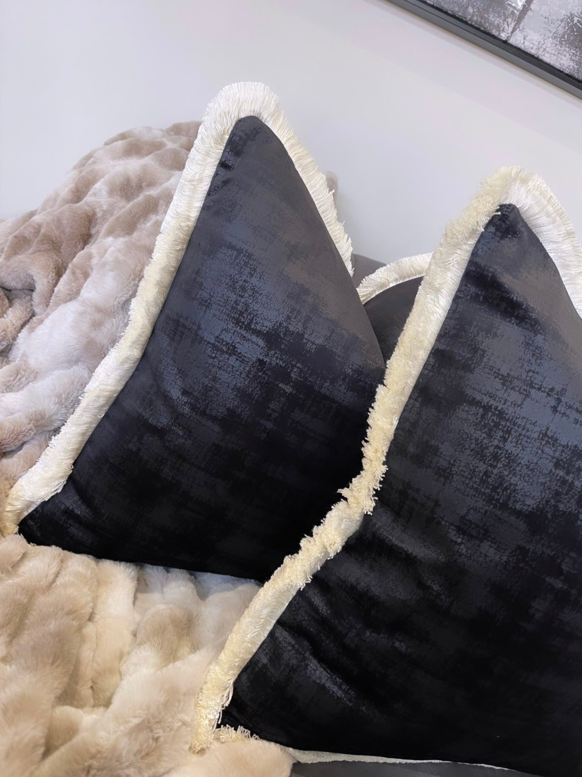 Jamila Black Velvet 18' Cushion With Ivory Fringe