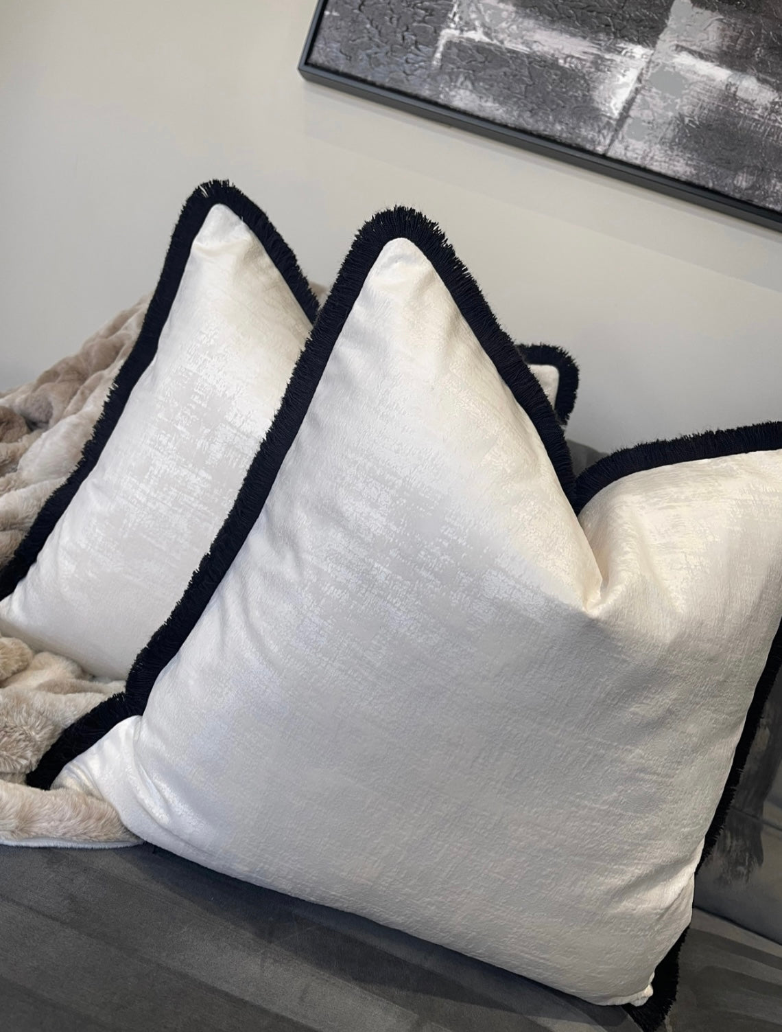 Jamila Ivory Velvet 18' Cushion With Black Fringe