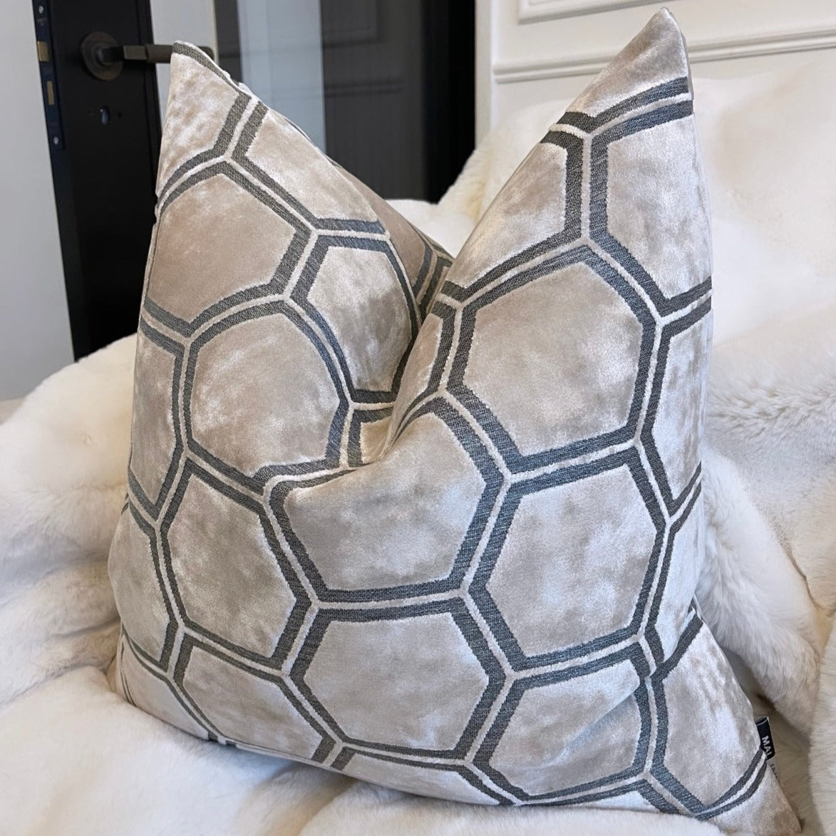 Cream Ivor Large Hexagon Cut Velvet Cushion 22"