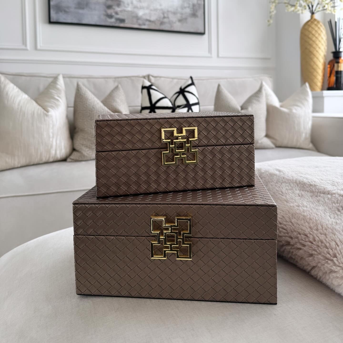 Bronze Faux Leather Boxes Set of 2