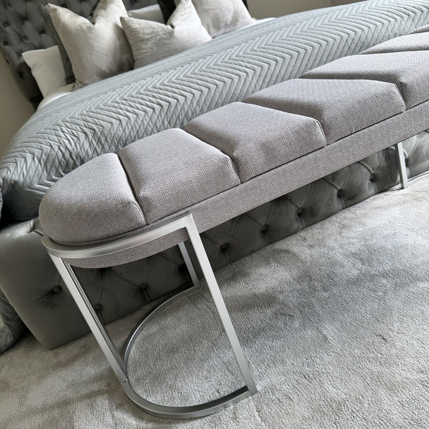 Perrie Grey Tufted Linen Bench