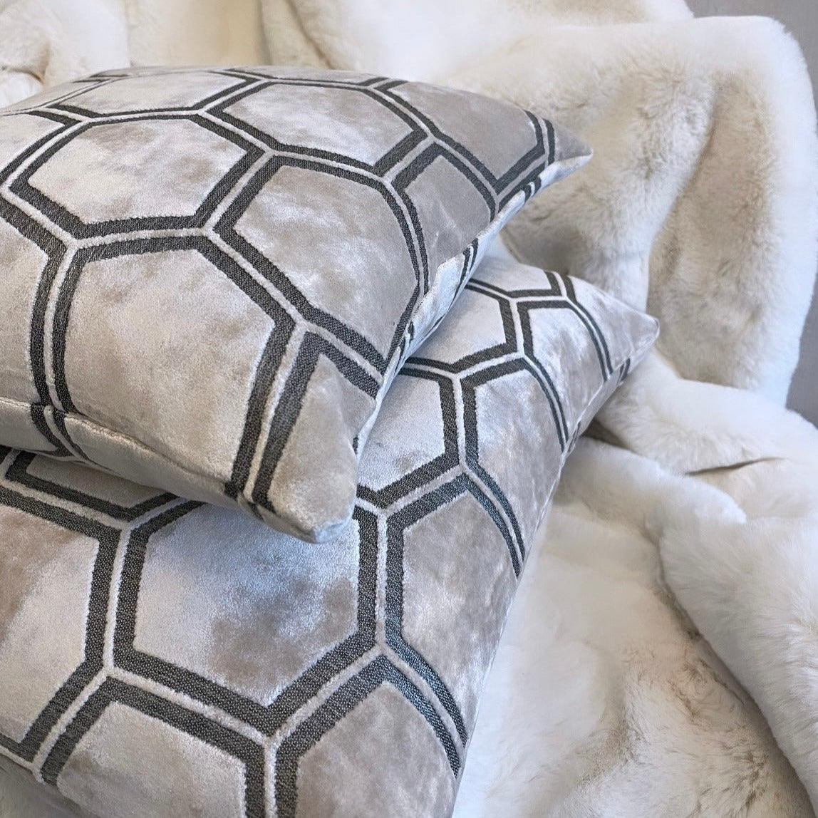 Cream Ivor Large Hexagon Cut Velvet Cushion 22"