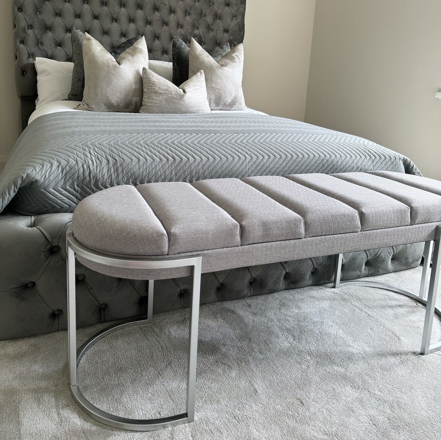 Perrie Grey Tufted Linen Bench