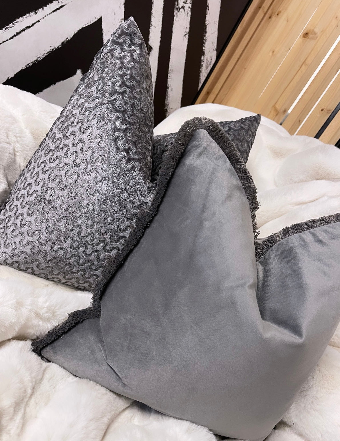 Grey Wave Cut Velvet Cushion 22"