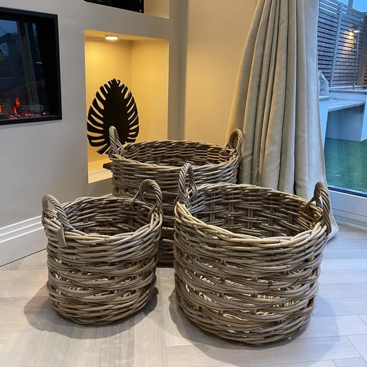 Grey Round Wicker Baskets Set Of 3