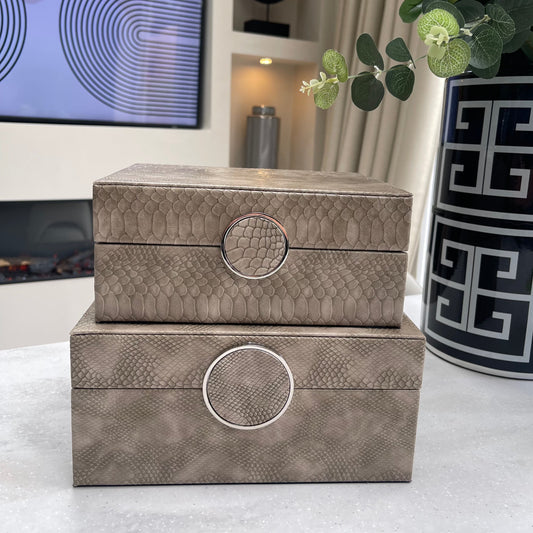 Taupe Snake Faux Leather Boxes Set of 2