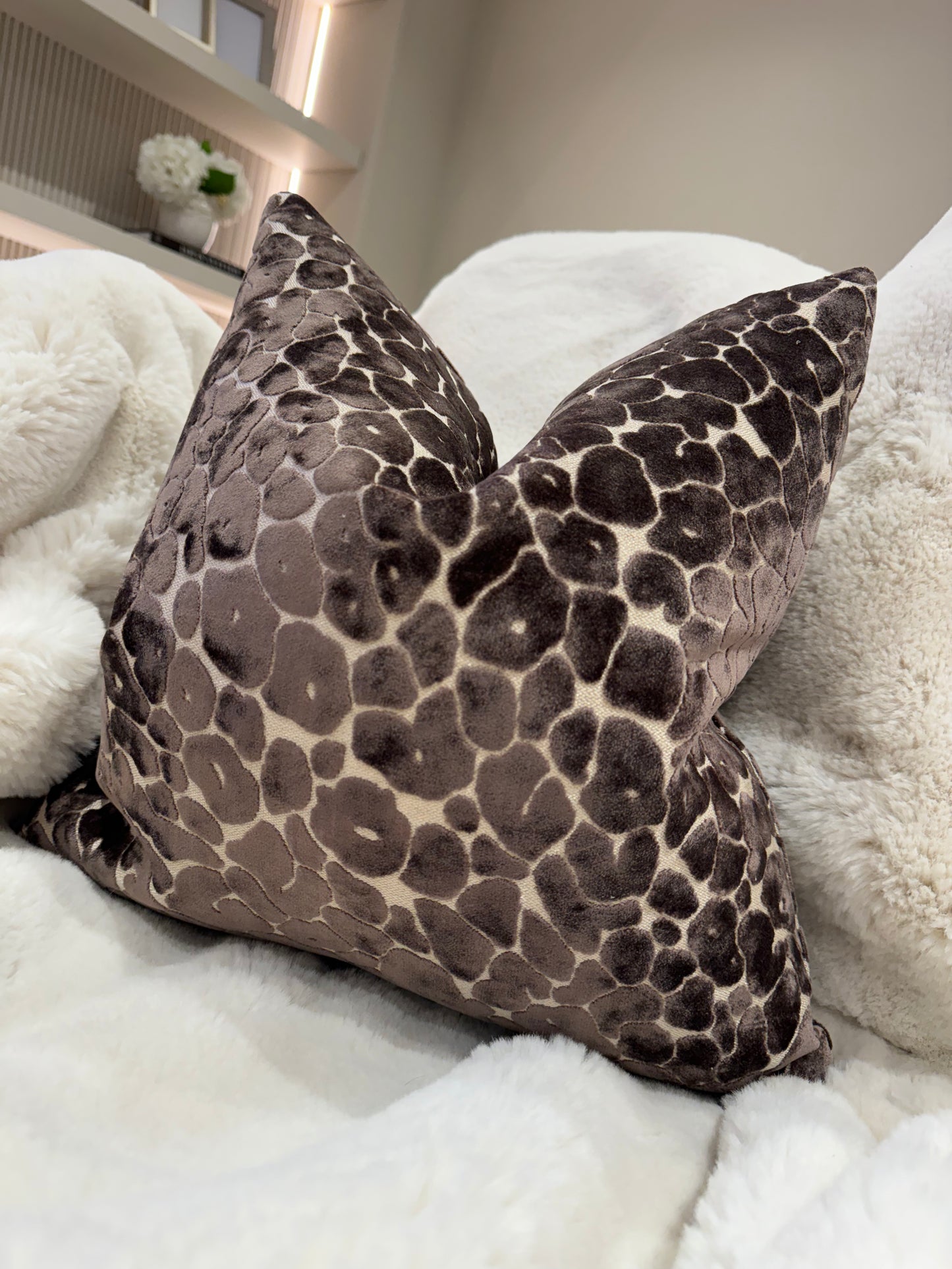 Leopard Velvet Cut 16" Chocolate Cushion