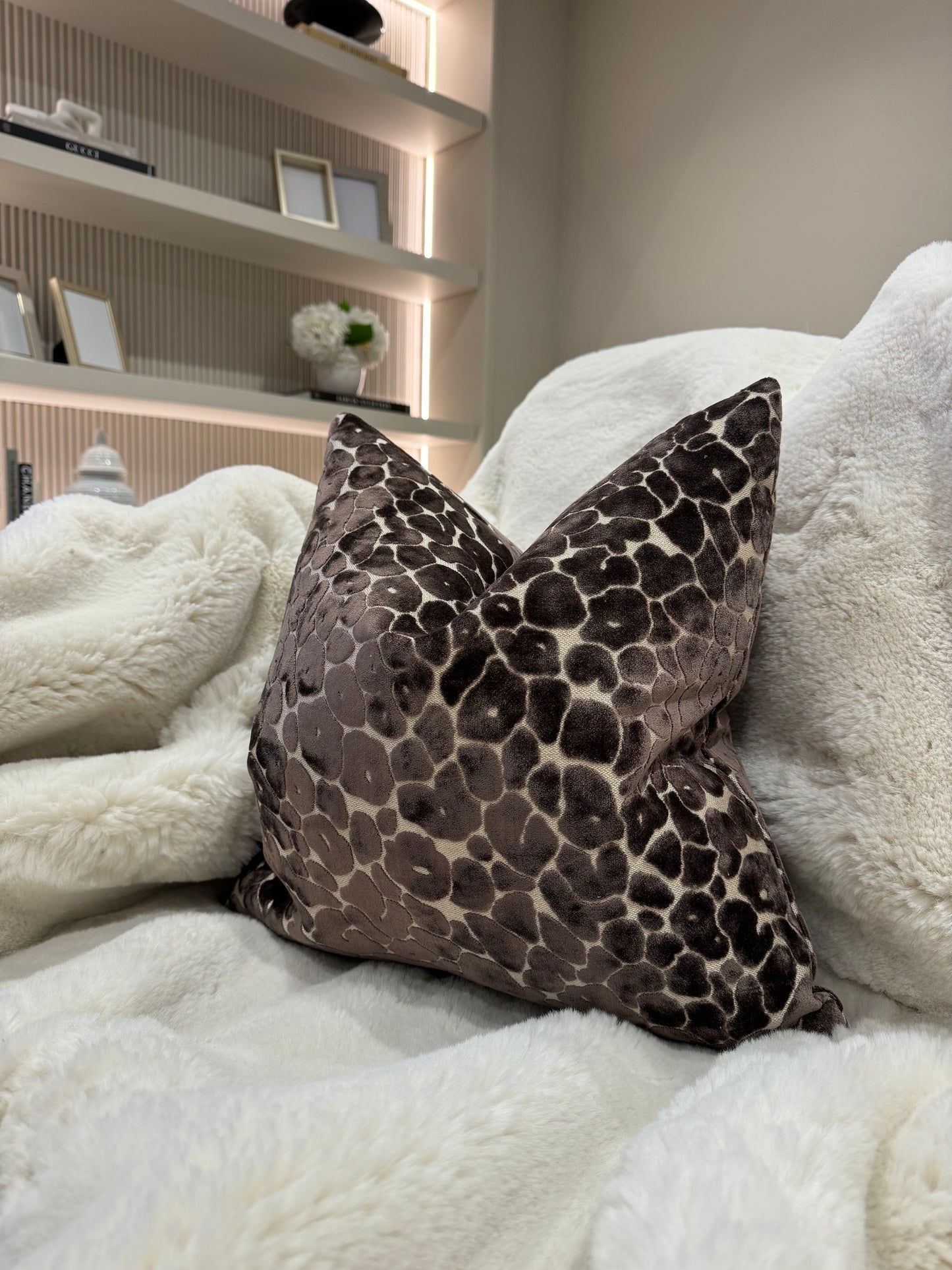 Leopard Velvet Cut 16" Chocolate Cushion