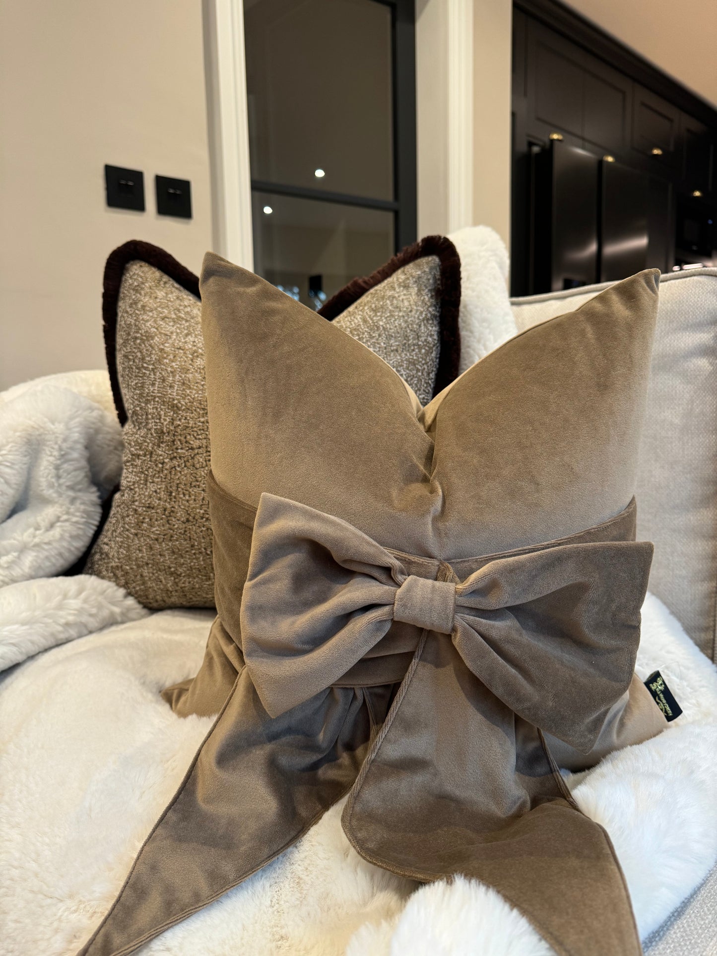 Taupe Velvet Bow 18" Cushion