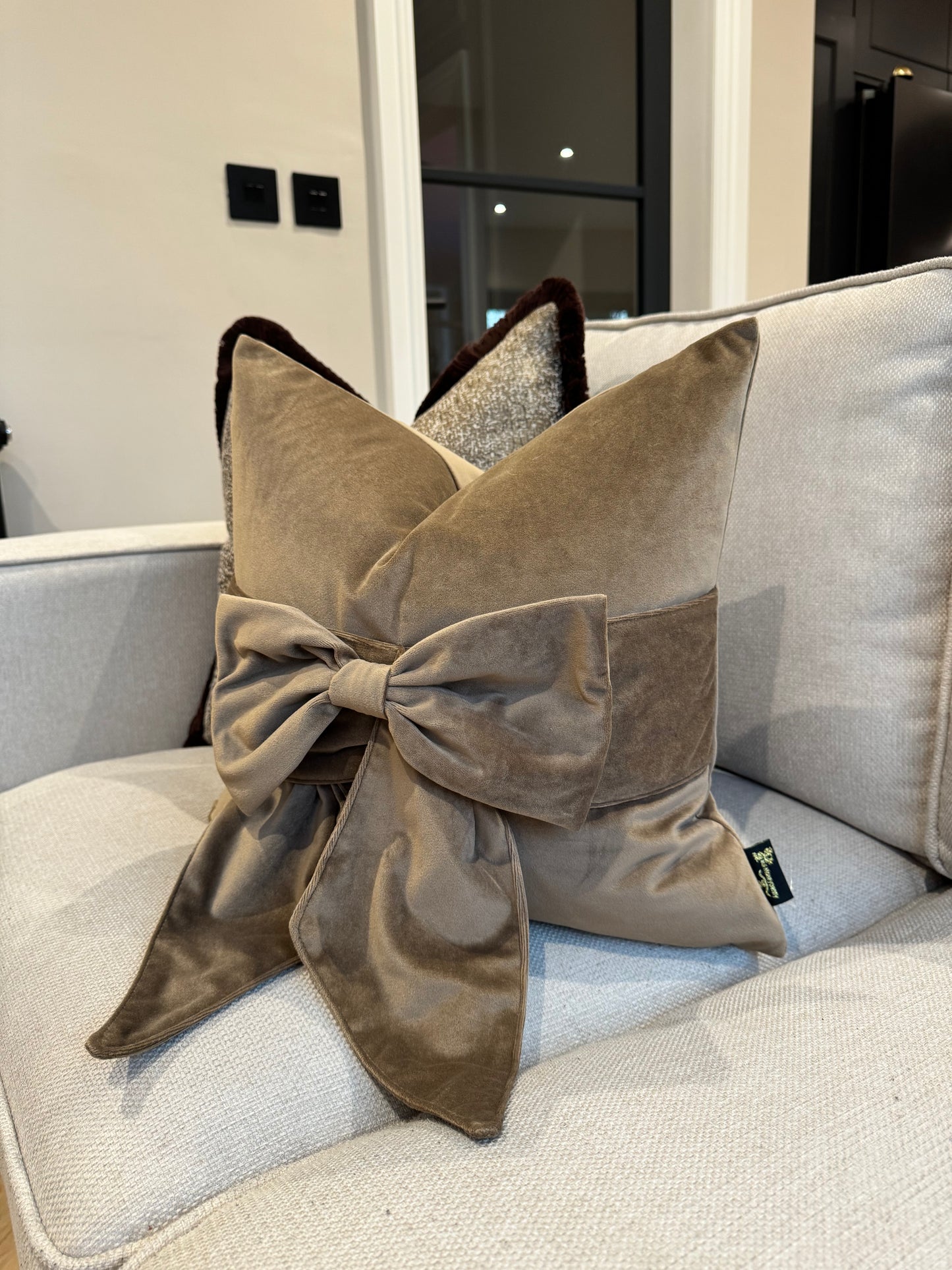 Taupe Velvet Bow 18" Cushion